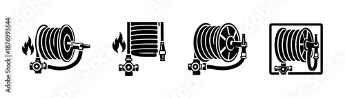 Fire hose vector icons set with firefighting equipment symbols for safety