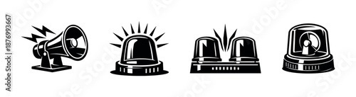 Emergency equipment vector icons set: sirens, megaphones, alarm signals