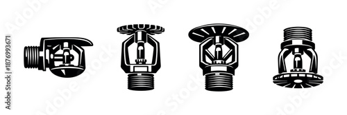 Fire safety equipment vector icons set: sprinkler symbols, illustrations