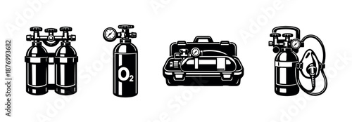 Oxygen equipment vector icons set: safety, emergency, medical tools collection