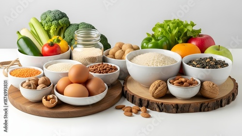 Assortment of healthy food items including vegetables nuts and eggs on a white background.