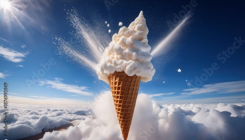 Whimsical Ice Cream Cone Erupts In A Sugary Explosion On A Cloud Filled Sky
