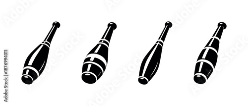 Juggling clubs vector icons set, flat juggling batons, black solid style symbols