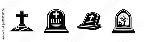 Headstone and grave icons set: vector icons set, memorial symbols, tombstone designs