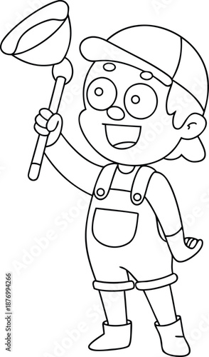 Plumber Cartoon Character Holding Plunger, Line Art Illustration