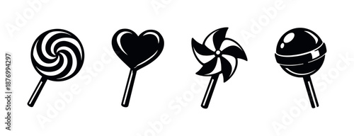 Lollipop and candy vector icons set: sweet treat symbols in black outline