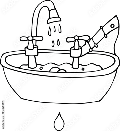 Vintage Bathtub Illustration With Shower Fixtures And Faucets