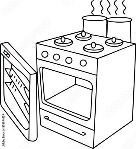 Cooking Appliance With Pots And Open Oven Door Illustration