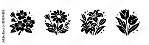 Floral vector icons set: black flower symbols, botanical silhouette designs