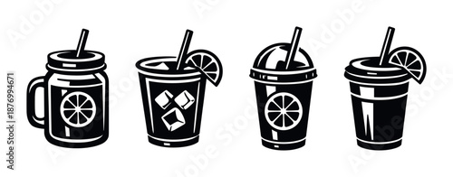 Beverage icons set: black drink designs with straws, citrus, and ice elements