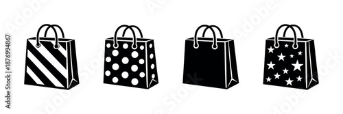 Shopping bags vector icons set with patterns: stripes, dots, stars, plain design