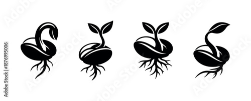 Bean seeds vector icons set, black silhouettes of sprouting plants, botanical symbols