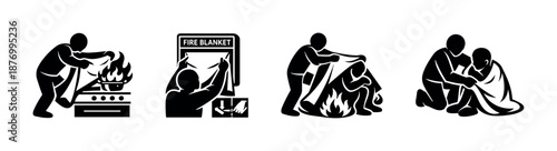 Fire safety vector icons set: extinguishing, blanket, aid, emergency symbols