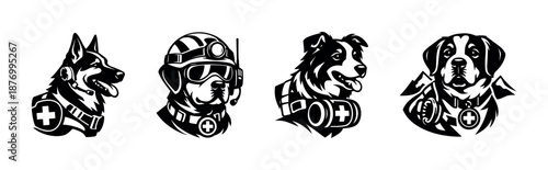 Rescue dogs vector icons set featuring medical symbols and equipment illustrations