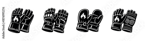Firefighter gloves vector icons set: safety, protection, rescue gear designs