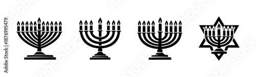 Hanukkah menorah vector icons set, candelabra and candlestick symbols in black