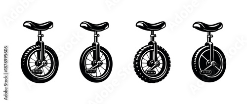 Unicycle vector icons set with different wheel styles and seat designs