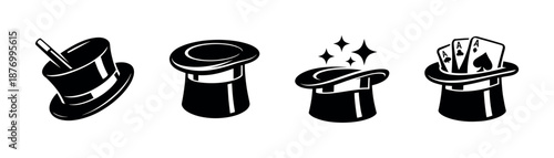 Magic vector icons set: magician's hat, playing cards, wand, flat symbols