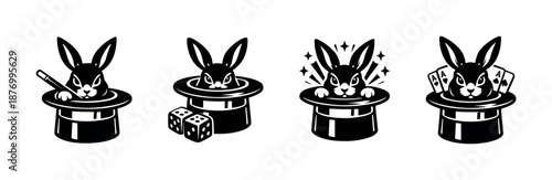 Magic tricks vector icons set featuring rabbits in hats, magician tools, and cards