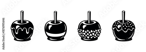 Candy apple vector icons set with caramel and chocolate coating designs
