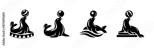 Circus seal vector icons set with playful marine life symbols