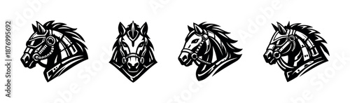 Horse vector icons set with tribal and steampunk designs, equine heads silhouette
