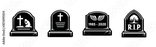 Gravestone vector icons set with memorial symbols and tombstone designs
