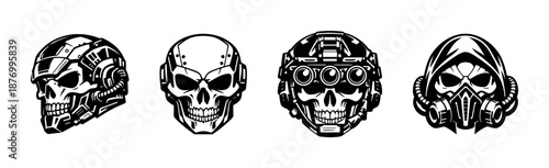 Skull vector icons set: cyber, gas mask, mechanical, tech symbols