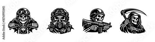 Grim reaper and skull warriors vector icons set for edgy design