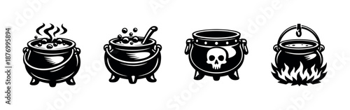 Cauldron vector icons set with bubbling pot symbols, witchy, mystical elements