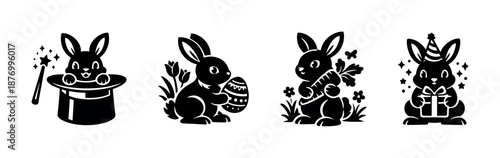 Easter bunny silhouettes, vector icons set, black rabbit symbols, cute animal illustrations