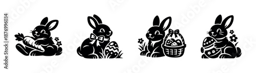 Bunnies vector icons set: adorable rabbit symbols, easter embellishments, festive decor