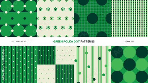 Seamless vector patterns with dark green polka dots, retro floral and geometric backgrounds, bold repeating circle textures for fabric, wallpaper, wrapping paper, fashion textile, and surface design