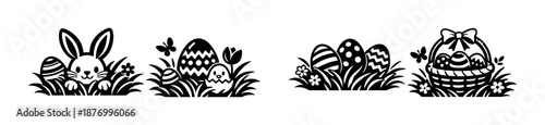 Easter vector icons set: black and white symbols of eggs, bunny, and basket