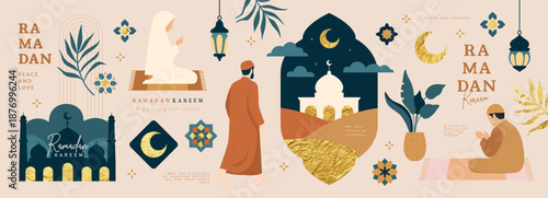 Set of Ramadan celebration icons and design elements with golden foil texture including mosque silhouettes, lanterns, praying people and crescent moons in minimalist style, vector illustration