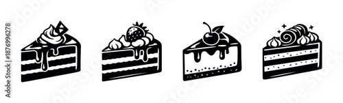 Dessert vector icons set with cake slices, sweet treats in black and white style