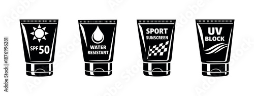 Sunscreen vector icons set featuring spf, water resistant, sport, uv block designs