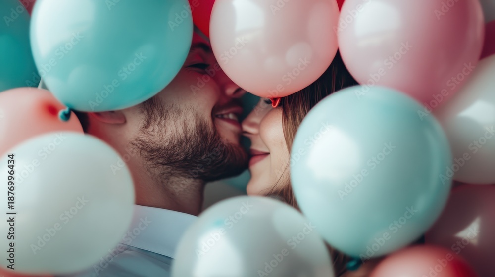 Obraz premium A romantic moment between a couple, surrounded by colorful balloons, encapsulating love and joy, showcasing intimacy and the celebration of togetherness in a cheerful atmosphere.
