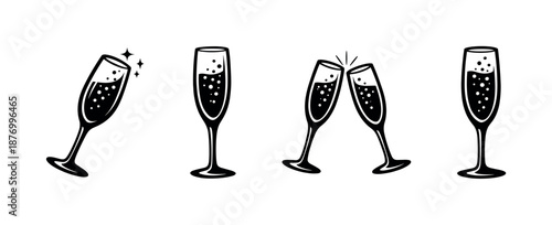 Champagne glasses vector icons set: celebration, toast, sparkling drink designs