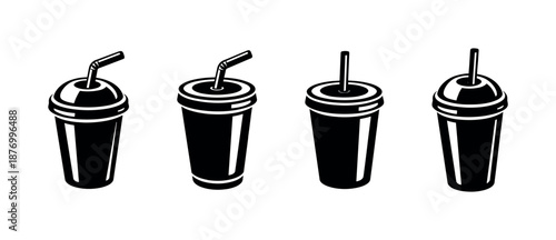 Drink cup vector icons set: soda, disposable, beverage in flat style