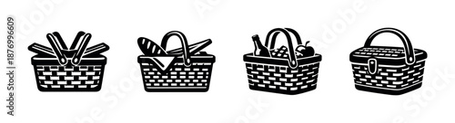Picnic basket vector icons set. flat black picnic symbols. outdoor, leisure, wicker baskets.