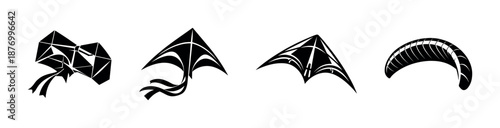 Kite vector icons set: geometric, delta, stunt, parafoil kites symbols collection