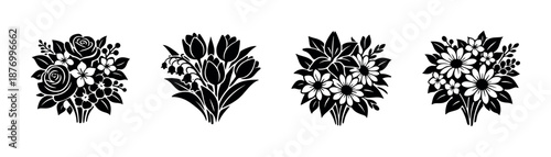 Floral bouquet vector icons set - elegant black flower design, decorative motifs