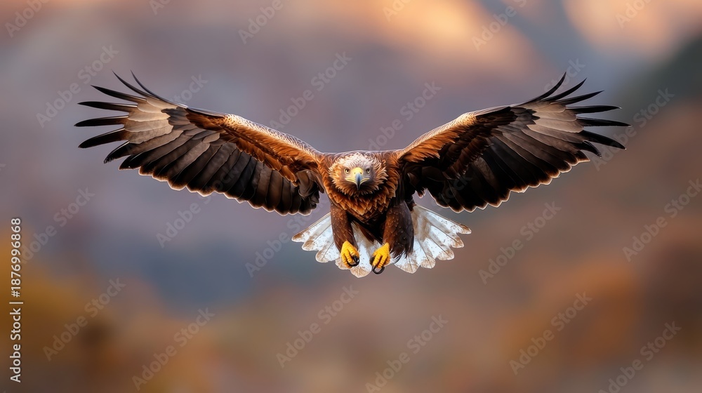 Fototapeta premium A striking golden eagle soaring through the sky, wings wide open, symbolizing freedom, strength, and the beauty of wildlife in its natural habitat.