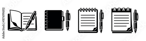 Notebook vector icons set: stationery, journal, notebook symbols, pen icons