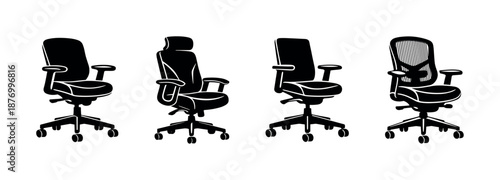 Office chairs collection: vector icons set for workspace, ergonomic, seating design