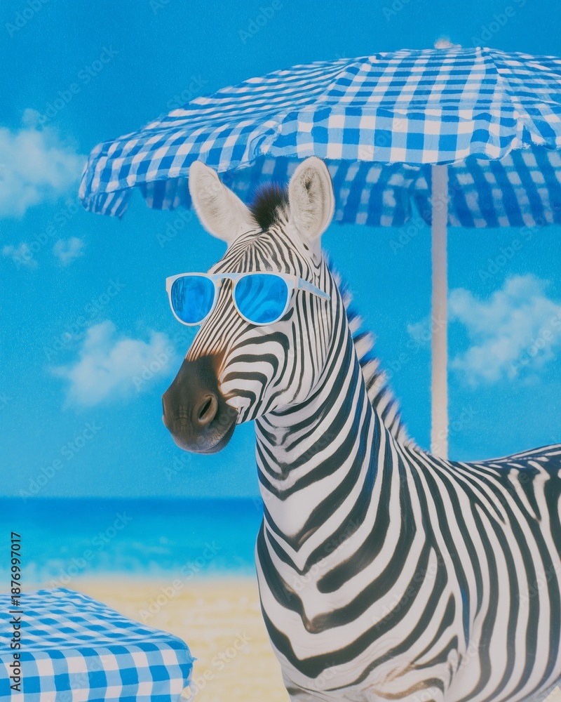 Fototapeta premium Zebra wearing holographic glasses stands under a blue gingham umbrella on a sunny beach, creating a whimsical and vibrant summer scene with playful elements