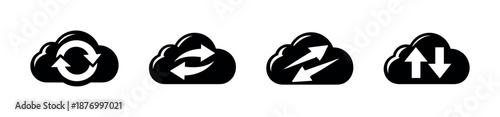 Cloud sync vector icons set: download, upload, transfer, and communication symbols