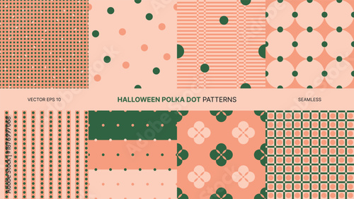 Seamless vector patterns with Halloween polka dots in orange green beige festive seasonal style abstract decorative design for backgrounds textiles wrapping paper spooky holiday celebration