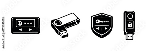 Cryptocurrency security devices vector icons set: usb keys, digital padlocks